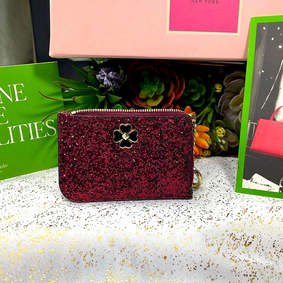 Kate spade wristlet Odette wallet coin purse glitter maroon Gold keychain - Picture 3 of 9
